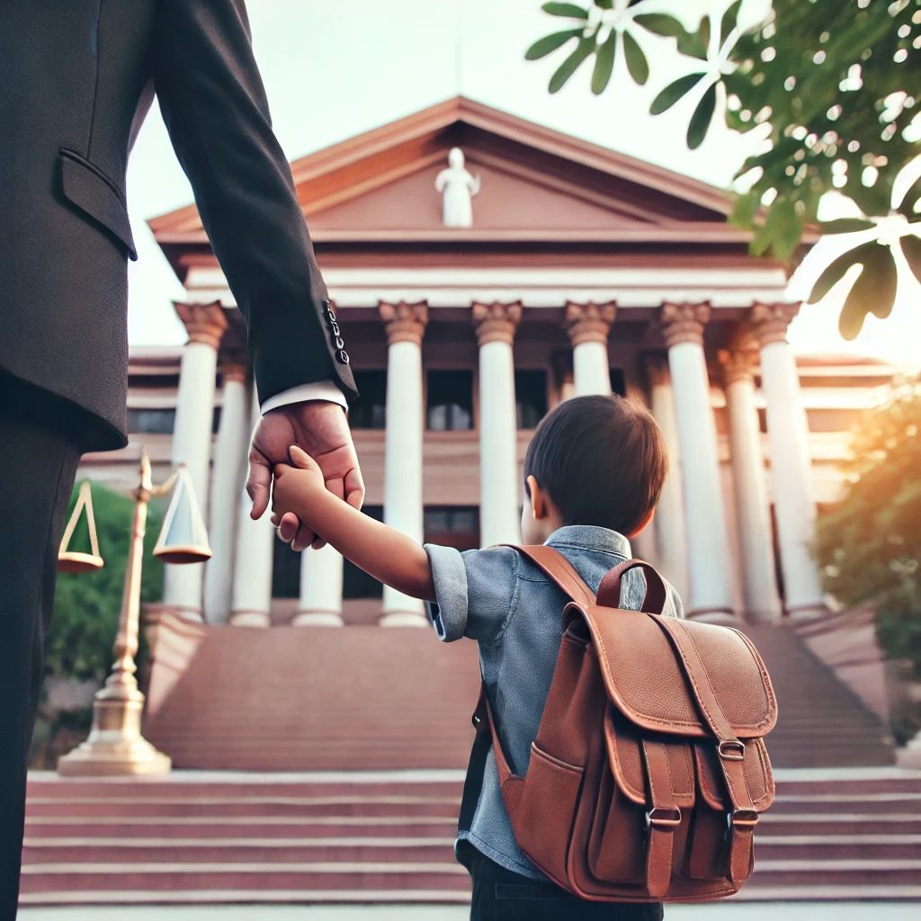 Photo of a Parent and Child in a Courthouse Setting